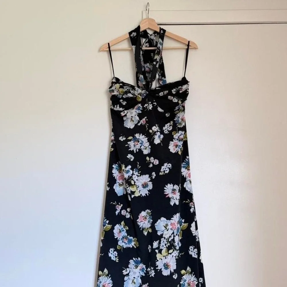 Black Floral Maxi Dress Halter Neck Cottagecore Vintage Style M